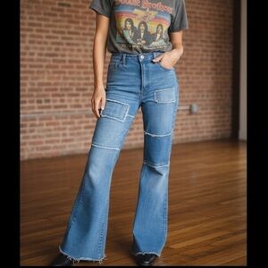 70s Style Patchwork Super High-Rise Flare Hippie Jeans - 28-29"/M